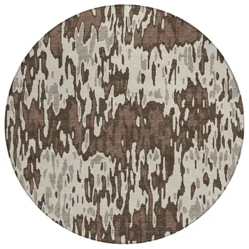 8' Brown Beige And Gray Round Striped Washable Indoor Outdoor Area Rug