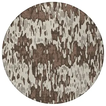 8' Brown Beige And Gray Round Striped Washable Indoor Outdoor Area Rug