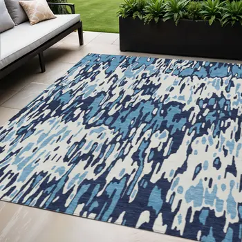 5' X 8' Blue Aqua And Ivory Striped Washable Indoor Outdoor Area Rug