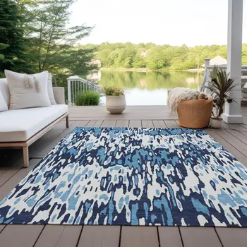 8' X 10' Blue Aqua And Ivory Striped Washable Indoor Outdoor Area Rug