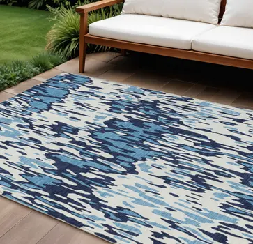 9' X 12' Blue Aqua And Ivory Striped Washable Indoor Outdoor Area Rug