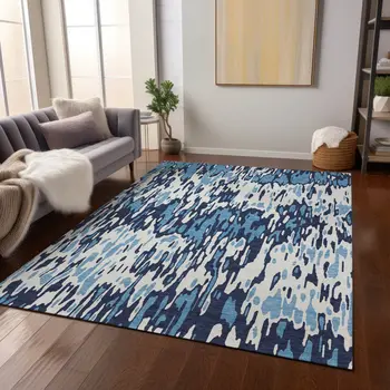 10' X 14' Blue Aqua And Ivory Striped Washable Indoor Outdoor Area Rug
