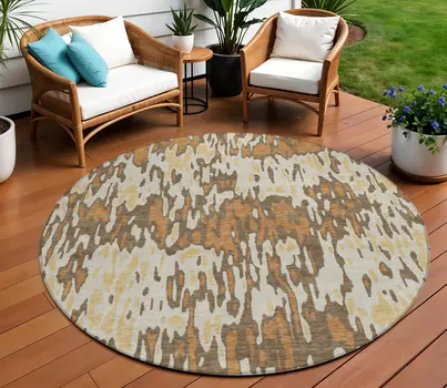 8' Copper Gold And Ivory Round Striped Washable Indoor Outdoor Area Rug