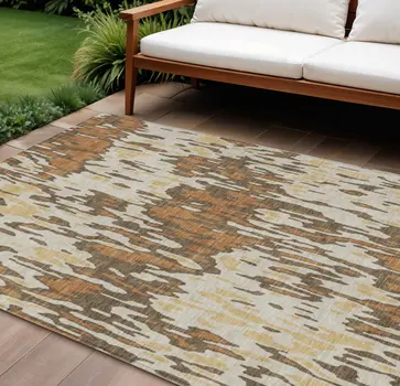 10' X 14' Copper Gold And Ivory Striped Washable Indoor Outdoor Area Rug