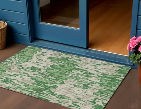 3' X 5' Green And Gray Striped Washable Indoor Outdoor Area Rug