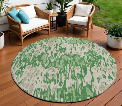 8' Green And Gray Round Striped Washable Indoor Outdoor Area Rug