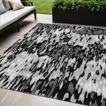 5' X 8' Gray Black And Ivory Striped Washable Indoor Outdoor Area Rug