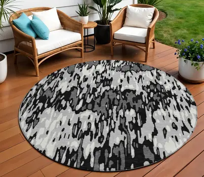 8' Gray Black And Ivory Round Striped Washable Indoor Outdoor Area Rug