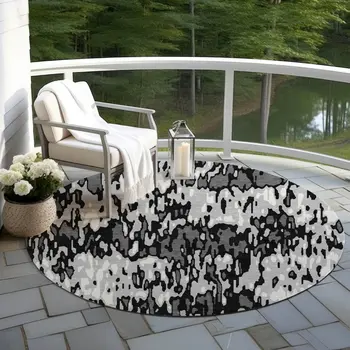 8' Gray Black And Ivory Round Striped Washable Indoor Outdoor Area Rug