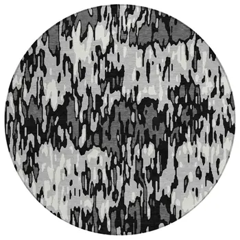 8' Gray Black And Ivory Round Striped Washable Indoor Outdoor Area Rug