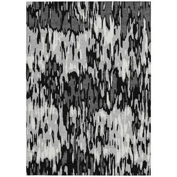 8' X 10' Gray Black And Ivory Striped Washable Indoor Outdoor Area Rug