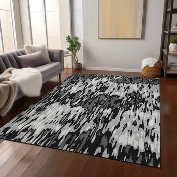 8' X 10' Gray Black And Ivory Striped Washable Indoor Outdoor Area Rug