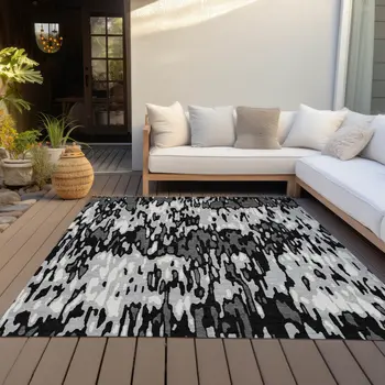 9' X 12' Gray Black And Ivory Striped Washable Indoor Outdoor Area Rug