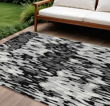 10' X 14' Gray Black And Ivory Striped Washable Indoor Outdoor Area Rug