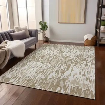 5' X 8' Ivory Brown And Beige Striped Washable Indoor Outdoor Area Rug