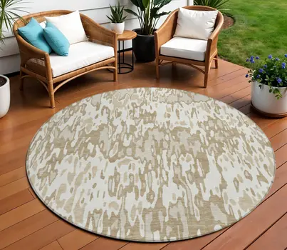 8' Ivory Brown And Beige Round Striped Washable Indoor Outdoor Area Rug