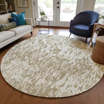 8' Ivory Brown And Beige Round Striped Washable Indoor Outdoor Area Rug