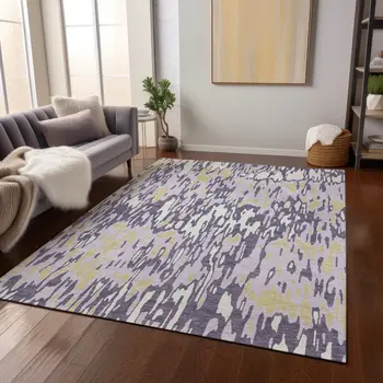 10' X 14' Purple Gold And Ivory Striped Washable Indoor Outdoor Area Rug