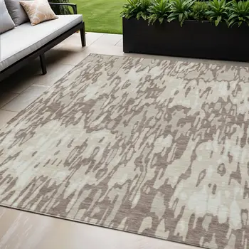5' X 8' Ivory Beige And Brown Striped Washable Indoor Outdoor Area Rug