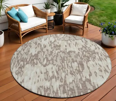 8' Ivory Beige And Brown Round Striped Washable Indoor Outdoor Area Rug