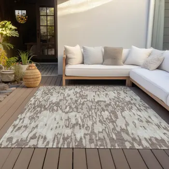 10' X 14' Ivory Beige And Brown Striped Washable Indoor Outdoor Area Rug