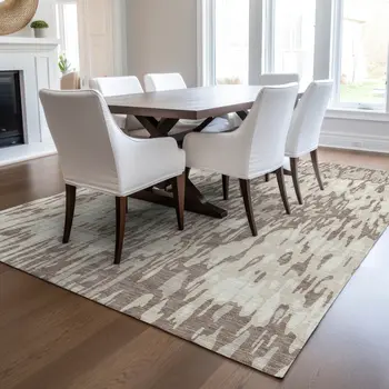10' X 14' Ivory Beige And Brown Striped Washable Indoor Outdoor Area Rug