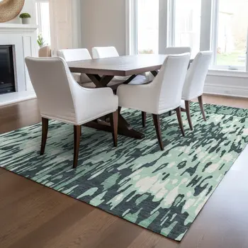3' X 5' Sage Black And Ivory Striped Washable Indoor Outdoor Area Rug