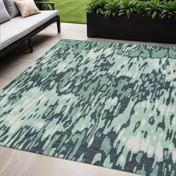 5' X 8' Sage Black And Ivory Striped Washable Indoor Outdoor Area Rug