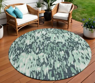 8' Sage Black And Ivory Round Striped Washable Indoor Outdoor Area Rug