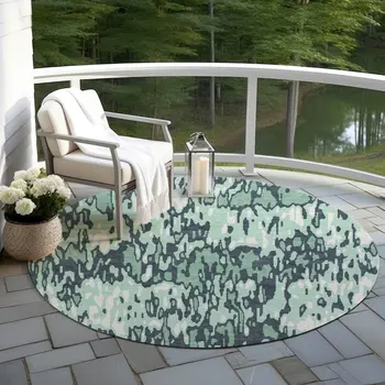 8' Sage Black And Ivory Round Striped Washable Indoor Outdoor Area Rug