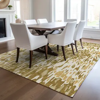 3' X 5' Wheat Gold And Beige Striped Washable Indoor Outdoor Area Rug