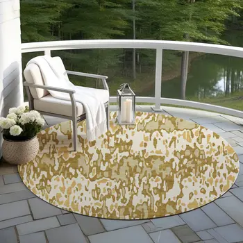 8' Wheat Gold And Beige Round Striped Washable Indoor Outdoor Area Rug