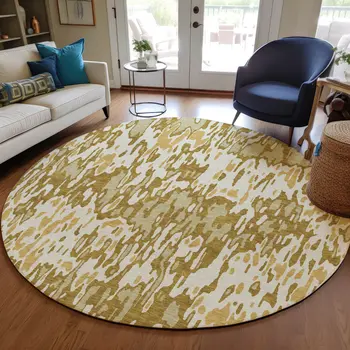 8' Wheat Gold And Beige Round Striped Washable Indoor Outdoor Area Rug