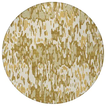 8' Wheat Gold And Beige Round Striped Washable Indoor Outdoor Area Rug