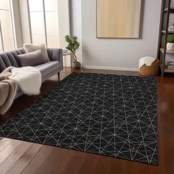 5' X 8' Black And Ivory Geometric Washable Indoor Outdoor Area Rug