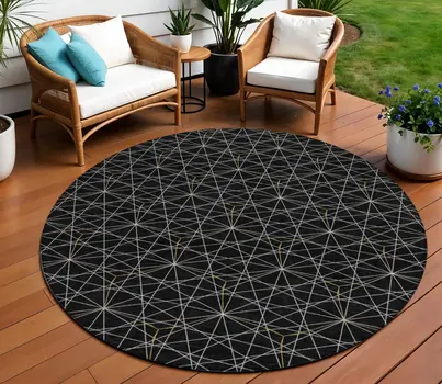8' Black And Ivory Round Geometric Washable Indoor Outdoor Area Rug