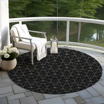 8' Black And Ivory Round Geometric Washable Indoor Outdoor Area Rug