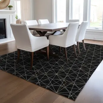8' X 10' Black And Ivory Geometric Washable Indoor Outdoor Area Rug