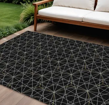 10' X 14' Black And Ivory Geometric Washable Indoor Outdoor Area Rug