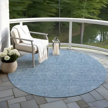 8' Denim Blue Black And Ivory Round Geometric Washable Indoor Outdoor Area Rug