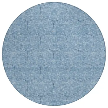 8' Denim Blue Black And Ivory Round Geometric Washable Indoor Outdoor Area Rug