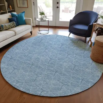 8' Denim Blue Black And Ivory Round Geometric Washable Indoor Outdoor Area Rug