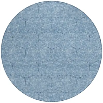 8' Denim Blue Black And Ivory Round Geometric Washable Indoor Outdoor Area Rug