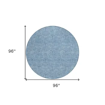 8' Denim Blue Black And Ivory Round Geometric Washable Indoor Outdoor Area Rug
