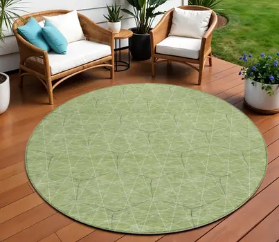 8' Green Black And Ivory Round Geometric Washable Indoor Outdoor Area Rug