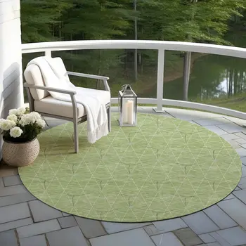 8' Green Black And Ivory Round Geometric Washable Indoor Outdoor Area Rug
