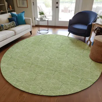 8' Green Black And Ivory Round Geometric Washable Indoor Outdoor Area Rug