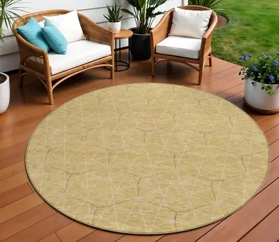 8' Gold Black And Beige Round Geometric Washable Indoor Outdoor Area Rug