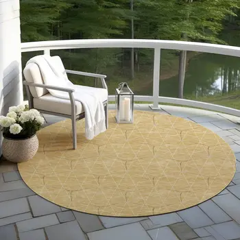 8' Gold Black And Beige Round Geometric Washable Indoor Outdoor Area Rug