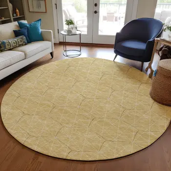 8' Gold Black And Beige Round Geometric Washable Indoor Outdoor Area Rug